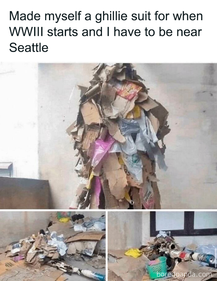 Homemade ghillie suit made of cardboard and trash for WWIII near Seattle