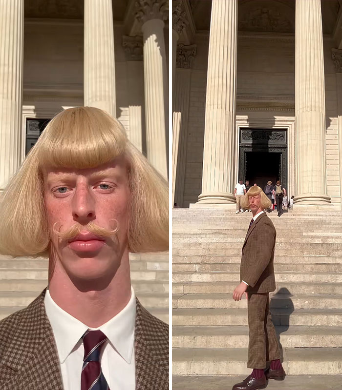 A mysterious influencer posing on the steps of a grand building with classical pillars