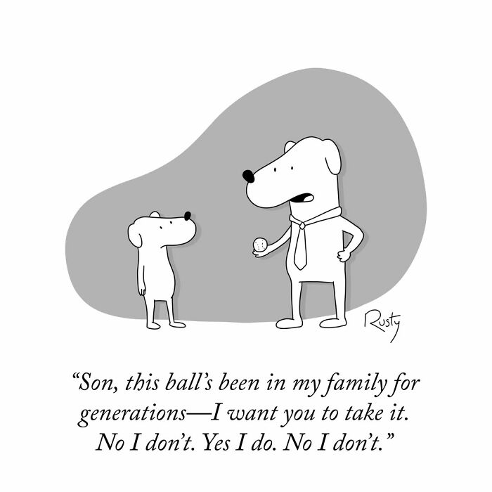One-panel comics showing a dog father trying to pass a ball to his son