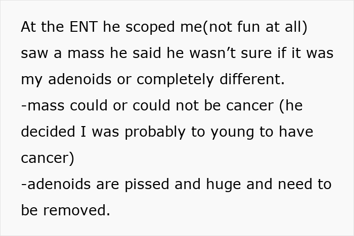 Text about ENT finding a mass, questioning if it is adenoids or cancer, relating to altitude sickness and ears won't pop. Text about ENT finding a mass, questioning if it is adenoids or cancer, relating to altitude sickness and ears won't pop.