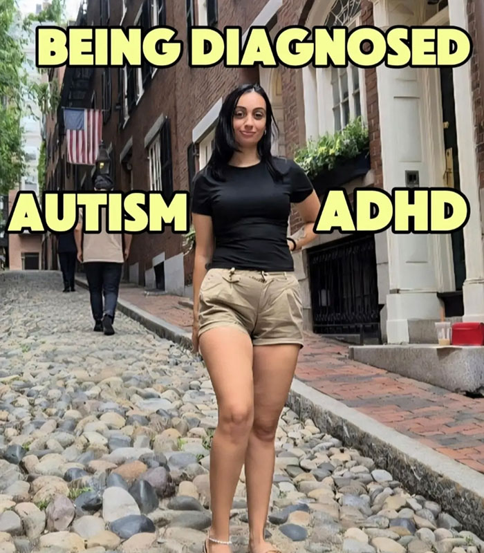 Woman with Autism and ADHD on a cobblestone street, highlighting her decision not to work due to her conditions.