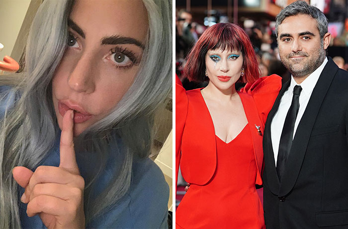 Lady Gaga, one of the celebrity women who welcomed babies via surrogate, posing with her partner on a red carpet.