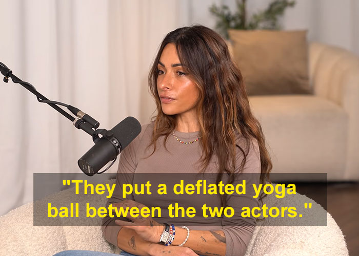 Hollywood actress describes the process of filming intimate scenes, mentioning props used.