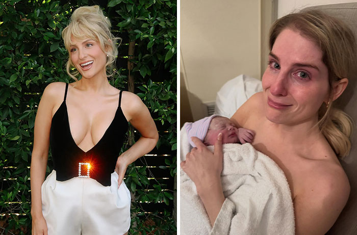 A blonde celebrity woman who welcomed babies via surrogate holding her newborn child wrapped in a blanket.
