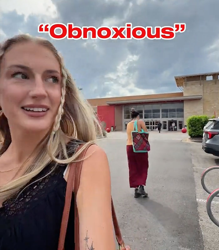 An innocent shopper looking back as an older woman walks away, with the text Obnoxious above.