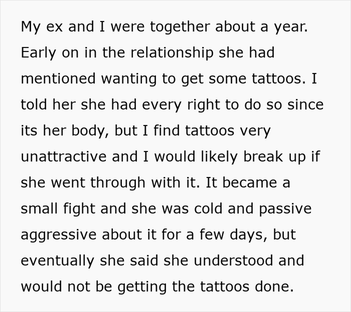 Screenshot of text detailing the beginning of the relationship, where the girlfriend mentioned wanting tattoos and the boyfriend's ultimatum. Screenshot of text detailing the beginning of the relationship, where the girlfriend mentioned wanting tattoos and the boyfriend's ultimatum.