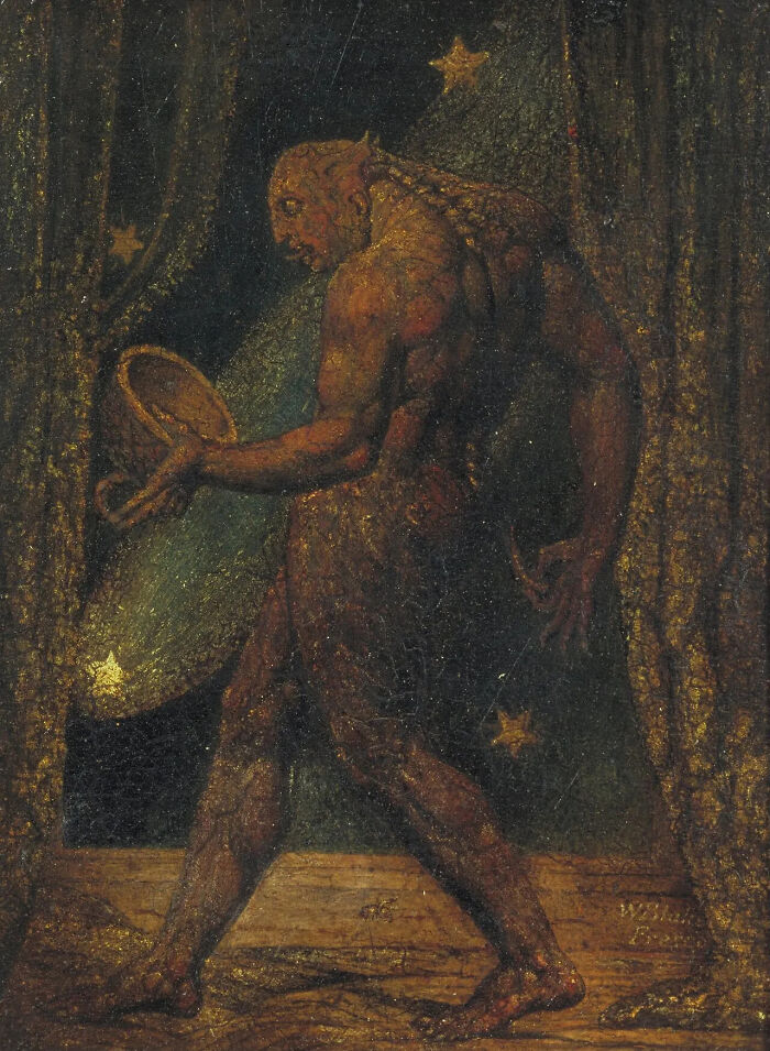 A muscular, horned figure walks through a starry night, a famous painting showing a strange, mythical creature.