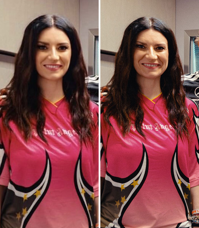Split image comparing Laura Pausini's Instagram photo to the original, highlighting Instagram versus reality.