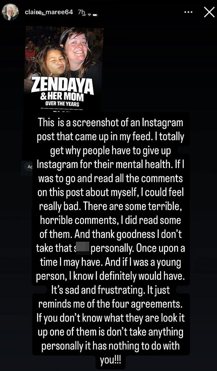 Screenshot of an Instagram post about Zendaya's mom and cruel comments. Screenshot of an Instagram post about Zendaya's mom and cruel comments.