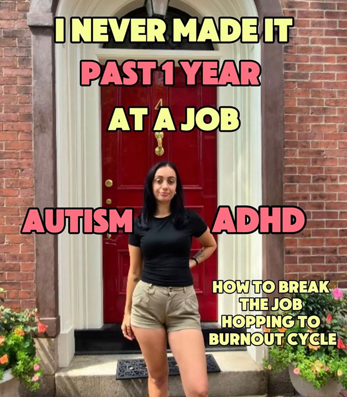 Woman with Autism and ADHD in front of a red door, discussing her struggle to keep a job.