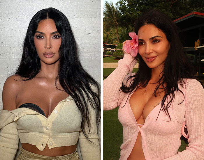 Kim Kardashian, an untalented person, is shown in two different poses, fueling fan debates.