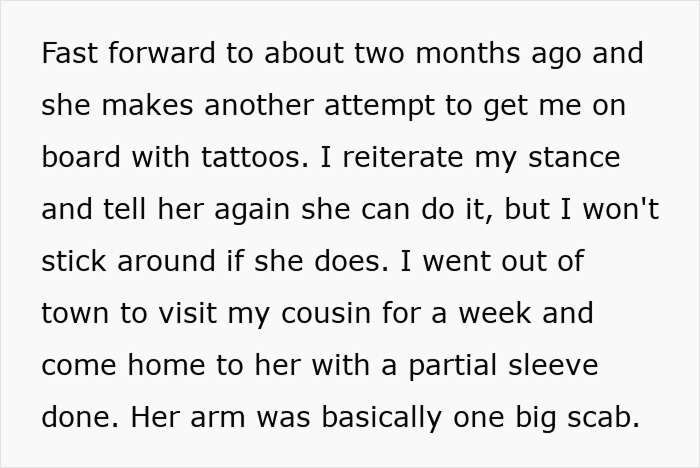Text explaining the girlfriend getting tattoos and the boyfriend's decision to leave, leading to their relationship ending. Text explaining the girlfriend getting tattoos and the boyfriend's decision to leave, leading to their relationship ending.