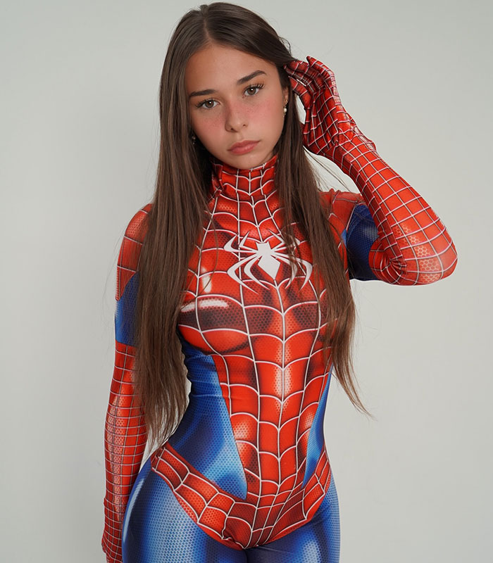 Sophie Rain posing in a Spiderman suit, highlighting her 50lbs weight loss transformation. Sophie Rain posing in a Spiderman suit, highlighting her 50lbs weight loss transformation.