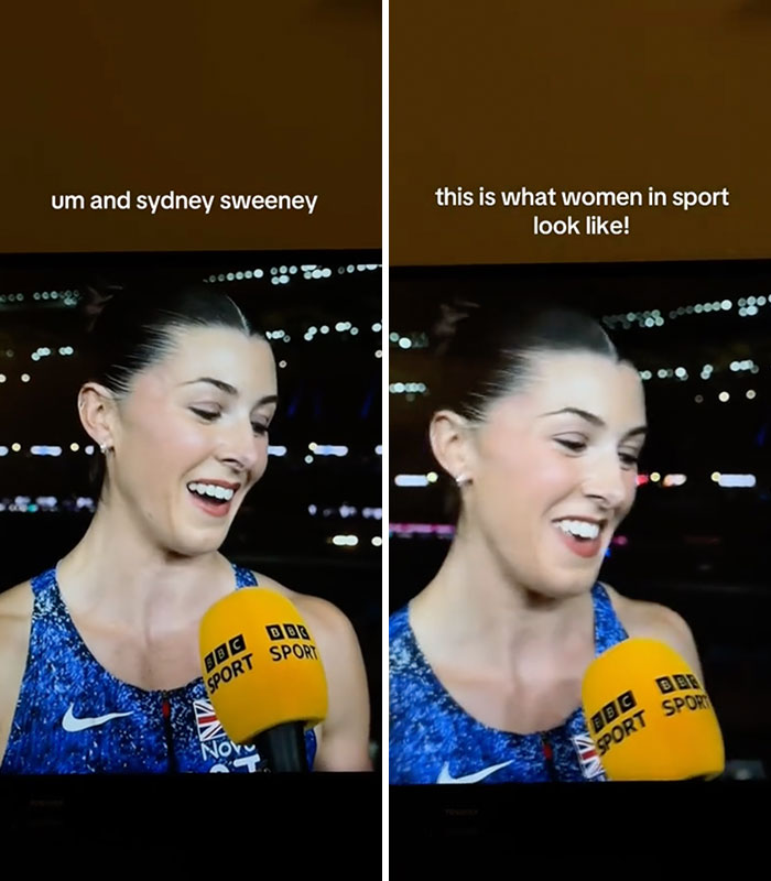 A split image showing a woman in sports. The left image has text um and Sydney Sweeney. The right image has text this is what women in sport look like. Journalists targeted online due to Sydney Sweeney's new ad. A split image showing a woman in sports. The left image has text um and Sydney Sweeney. The right image has text this is what women in sport look like. Journalists targeted online due to Sydney Sweeney's new ad.