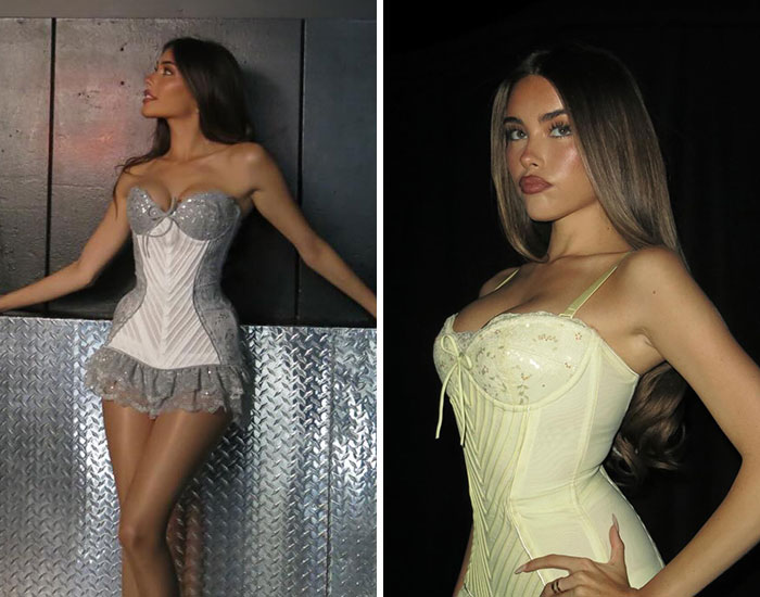 Madison Beer, an untalented person, poses in two distinct outfits, sparking discussions among fans.