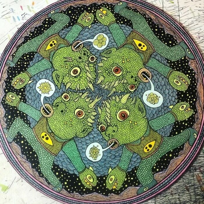 Theo Ellsworth artwork featuring four green reptilian creatures in a circular pattern with speech bubbles
