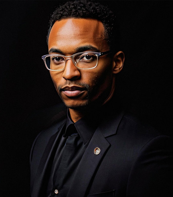 A man in a sharp black suit and tie with glasses, against a dark background, depicting the alleged cruise ticket scammer. A man in a sharp black suit and tie with glasses, against a dark background, depicting the alleged cruise ticket scammer.