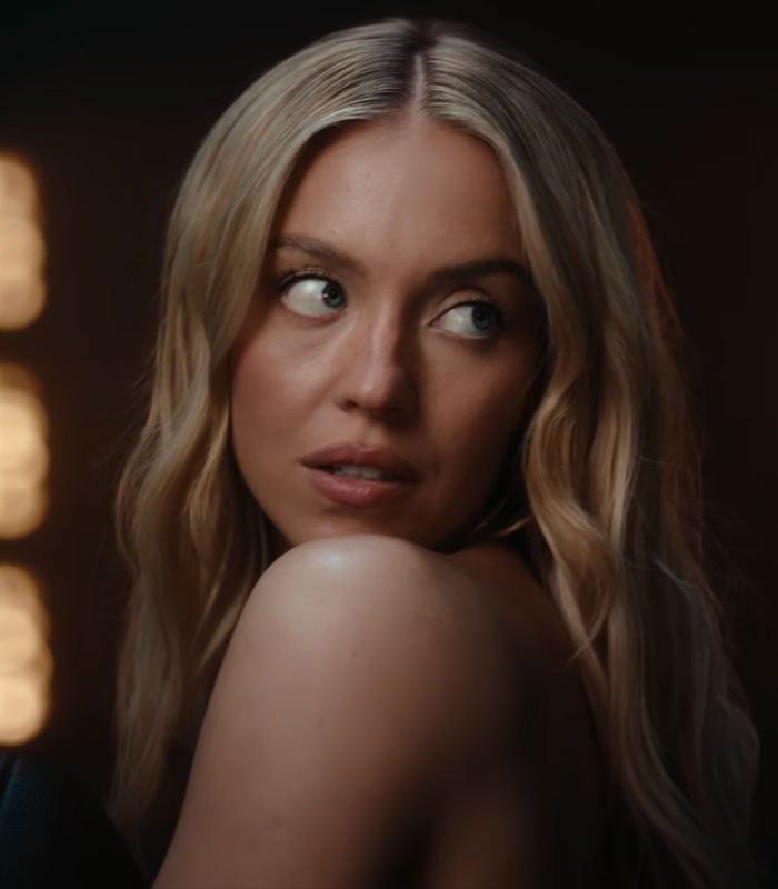 Close-up of Sydney Sweeney, likely from one of her scandalous ads for other brands as her lingerie brand struggles. Close-up of Sydney Sweeney, likely from one of her scandalous ads for other brands as her lingerie brand struggles.