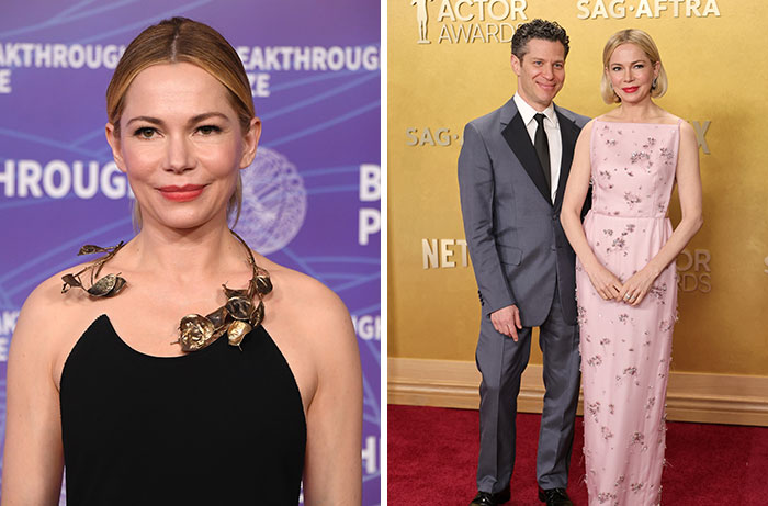 Michelle Williams, featured among celebrity women who had babies via surrogate, on the red carpet.