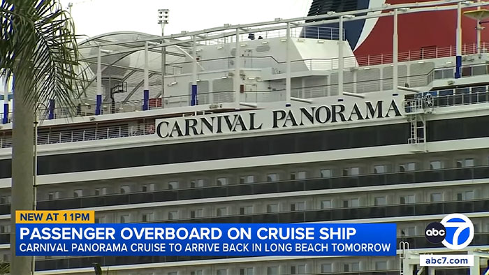 News broadcast displaying Carnival Panorama cruise ship with passenger overboard headline