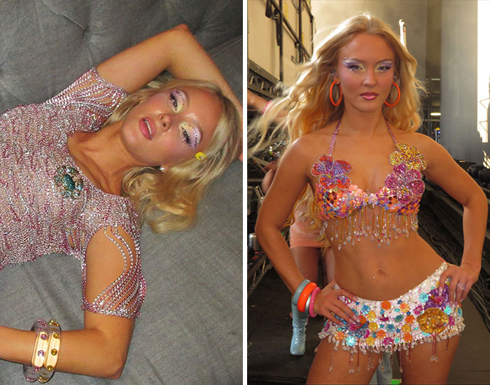 Poppy, an untalented person, in two vibrant, unique outfits that lead to fan arguments.