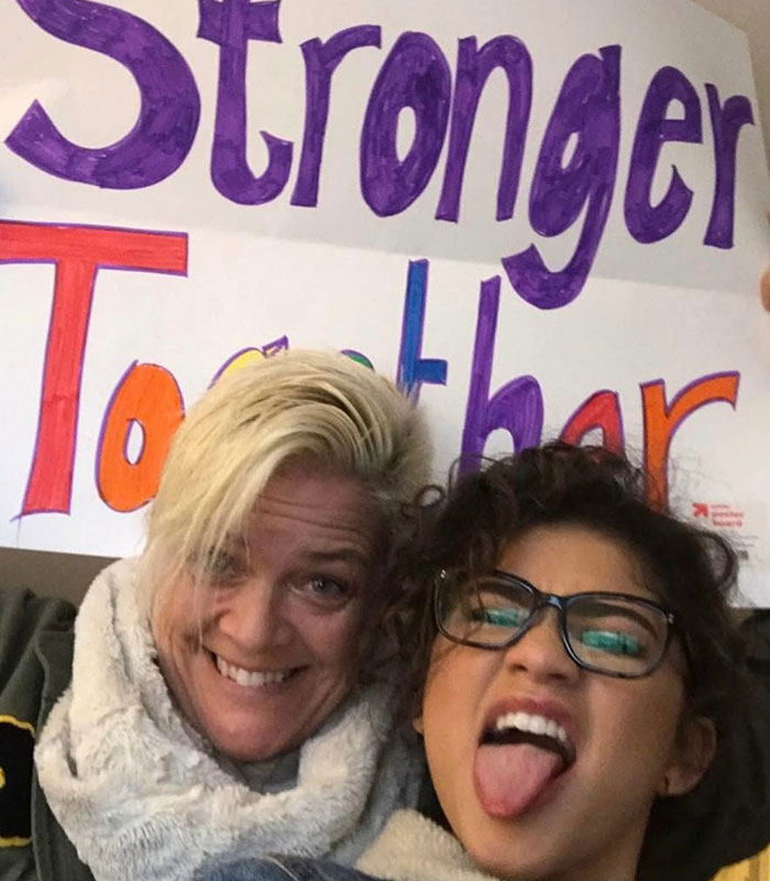 Zendaya making a funny face with her mom and a 'Stronger Together' sign. Her mom understands cruel comments about looks. Zendaya making a funny face with her mom and a 'Stronger Together' sign. Her mom understands cruel comments about looks.