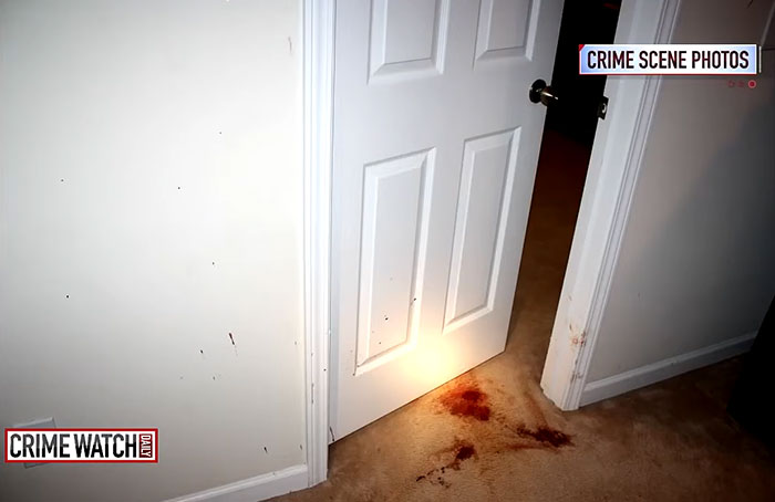 Blood stain on the floor near door inside the house of the twin sisters Blood stain on the floor near door inside the house of the twin sisters