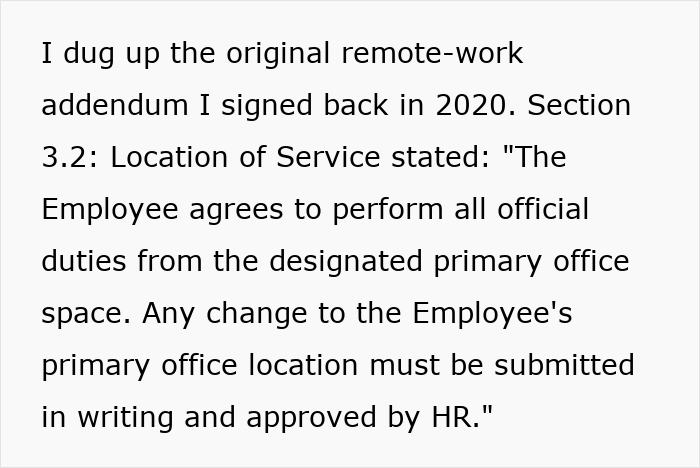 Text detailing the original remote-work addendum signed in 2020, HR approved home office. Text detailing the original remote-work addendum signed in 2020, HR approved home office.