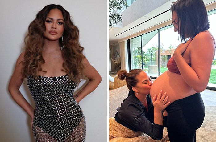 Chrissy Teigen, one of the celebrity women who welcomed babies via surrogate, kissing a surrogate mother's belly.