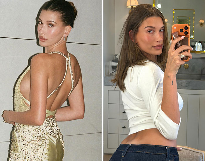 Image of Hailey Bieber in a backless dress and a casual white top, sparking debate about untalented famous people.
