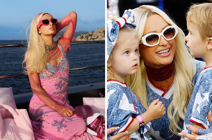 Paris Hilton, one of the celebrity women who welcomed babies via surrogate, smiling with her children.