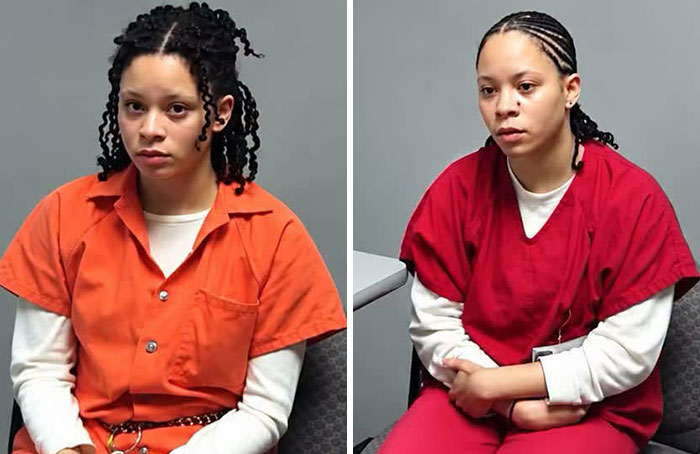 Side-by-side mugshots of ordinary twins Jasmiyah and Tasmiyah Whitehead in jail jumpsuits. Side-by-side mugshots of ordinary twins Jasmiyah and Tasmiyah Whitehead in jail jumpsuits.