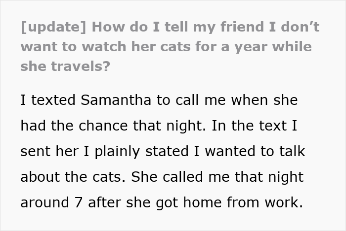 Woman Declines Friend’s Year-Long Cat-Sitting Request, Then Learns She Had Another Option All Along Woman Declines Friend’s Year-Long Cat-Sitting Request, Then Learns She Had Another Option All Along