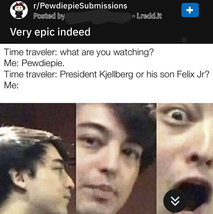 A Pewdiepie fan cringe meme featuring a time-traveler joke and a shocked reaction face.