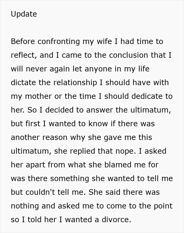 Man refuses ultimatum to put wife before sick mom, decides on divorce to protect mother relationship