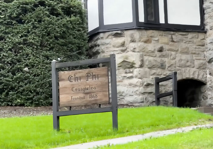 The Chi Phi Craigielea fraternity house sign, linked to the Cornell 7 group chat allegations The Chi Phi Craigielea fraternity house sign, linked to the Cornell 7 group chat allegations