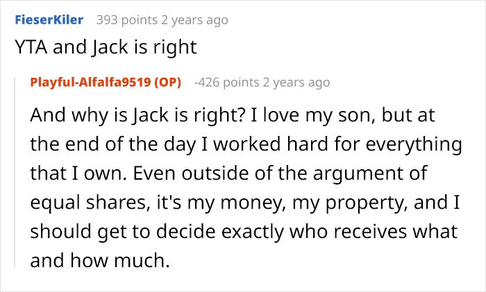 A comment calling the mother an 'AITA' and stating Jack is right about the inheritance of property and money. A comment calling the mother an 'AITA' and stating Jack is right about the inheritance of property and money.