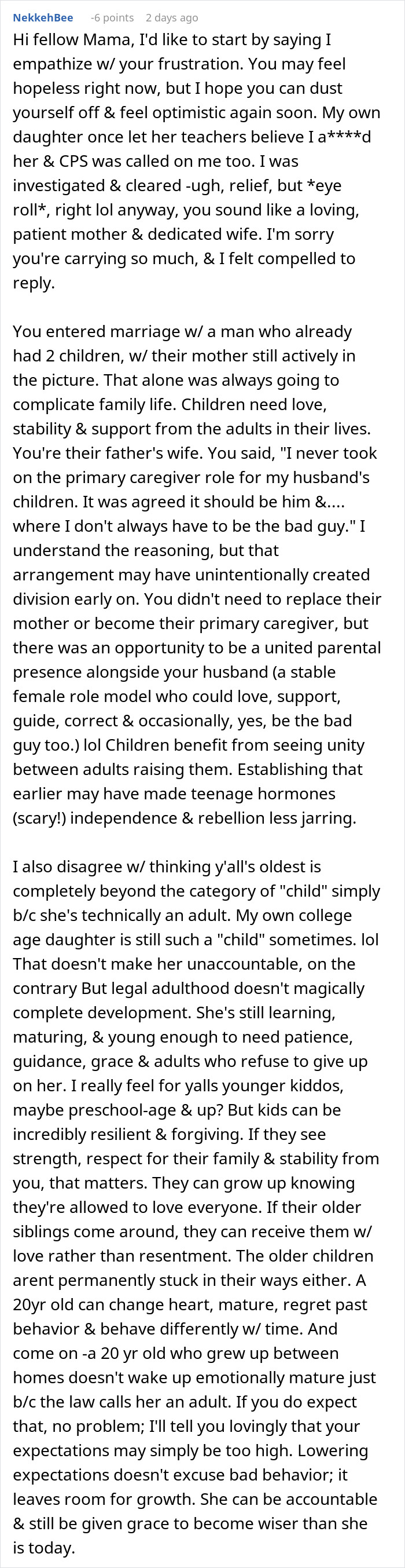 A screenshot of a long online comment sharing personal advice on stepmom and family dynamics.
