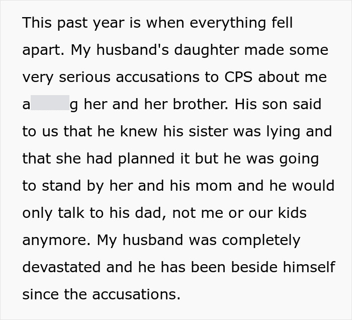 Black text describing a stepdaughter who lied to call CPS on her stepmom and made false accusations.