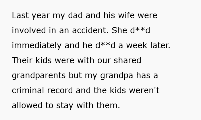 Text snippet explaining grandparents inability to take half-siblings from foster care after parents died.