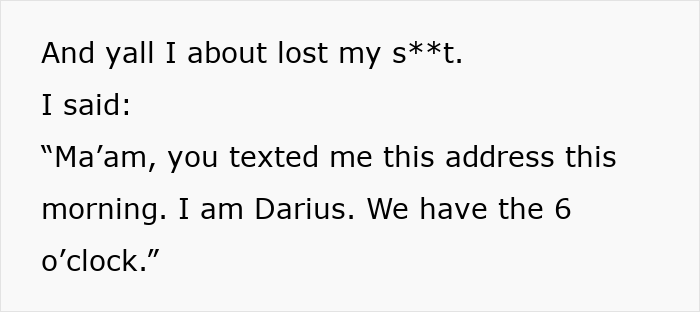 Text snippet about a man turned away by a realtor, correcting her about the texted address and appointment time. Text snippet about a man turned away by a realtor, correcting her about the texted address and appointment time.