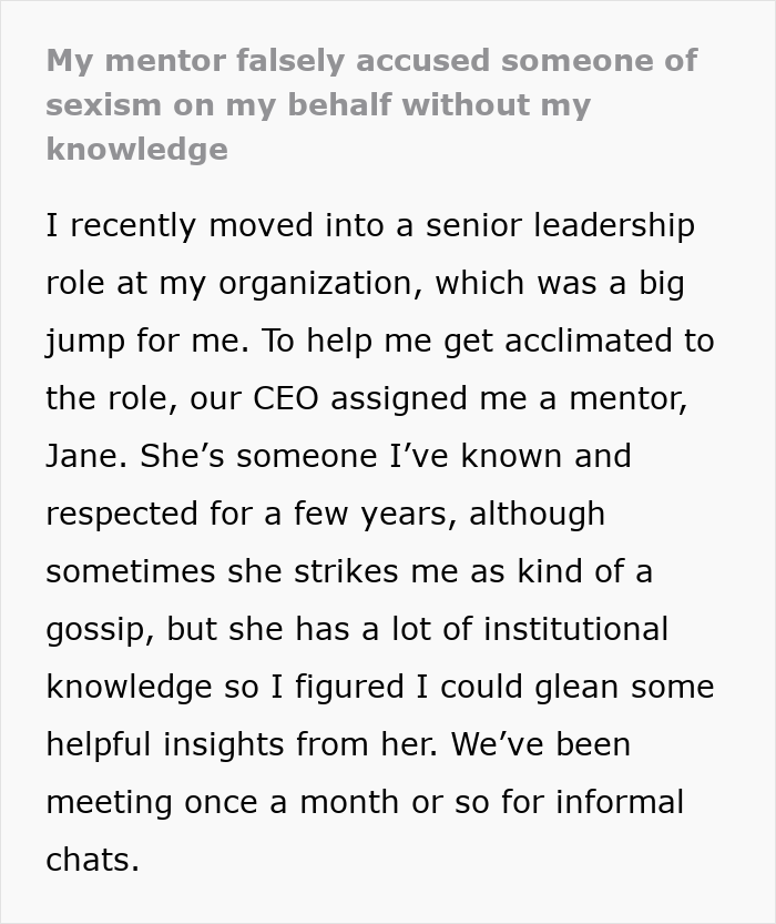 A text slide explaining how a mentor falsely accused a boss of being gender biased A text slide explaining how a mentor falsely accused a boss of being gender biased