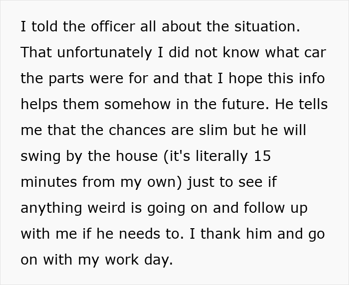 Text detailing a victim telling a police officer about stolen credit card use for car parts