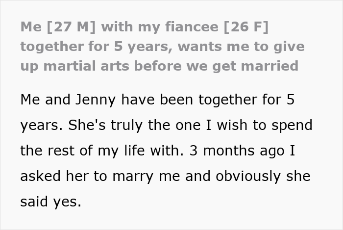 Text excerpt about fiance asking to quit martial arts after 5 years together Text excerpt about fiance asking to quit martial arts after 5 years together