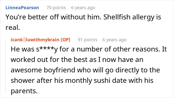 Screenshot of Reddit comments; one stating 'Shellfish allergy is real,' reinforcing the validity of the condition. Screenshot of Reddit comments; one stating 'Shellfish allergy is real,' reinforcing the validity of the condition.