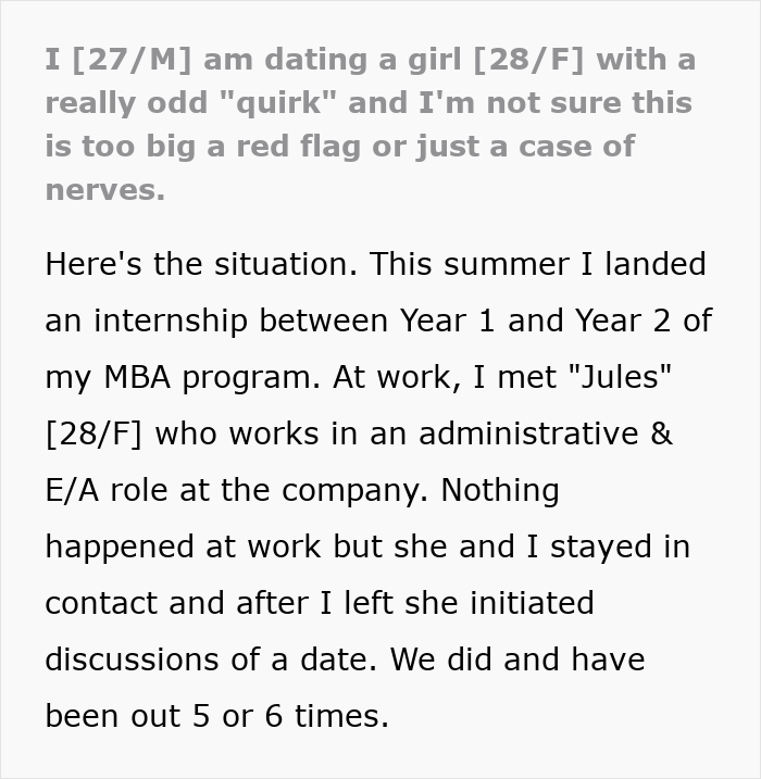 Guy Shares His Girlfriend's Weird Quirk, Doesn't Know If He Can Get Over It