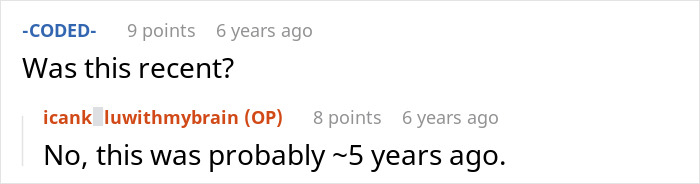 A Reddit comment exchange where a user asks about the timing of an event, with the original poster replying 'No, this was probably ~5 years ago,' unrelated to shellfish allergy. A Reddit comment exchange where a user asks about the timing of an event, with the original poster replying 'No, this was probably ~5 years ago,' unrelated to shellfish allergy.