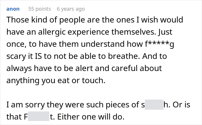 A Reddit user wishes those who dismiss shellfish allergies would experience a severe allergic reaction themselves to understand. A Reddit user wishes those who dismiss shellfish allergies would experience a severe allergic reaction themselves to understand.
