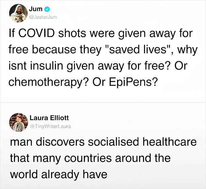 A meme with a tweet questioning free COVID shots versus paid essential medicines, with a reply about socialized healthcare.