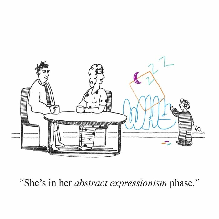 Absurd comics: Parents watch as their child draws abstract art on the wall, depicting an abstract expressionism phase.